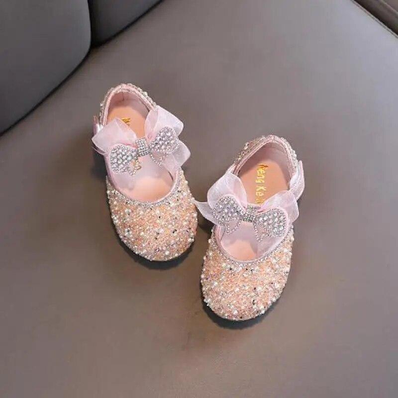 Children's Sequined Leather Shoes Girls Princess Rhinestone Bowknot Single Shoes Fashion Baby Kids Wedding Shoes