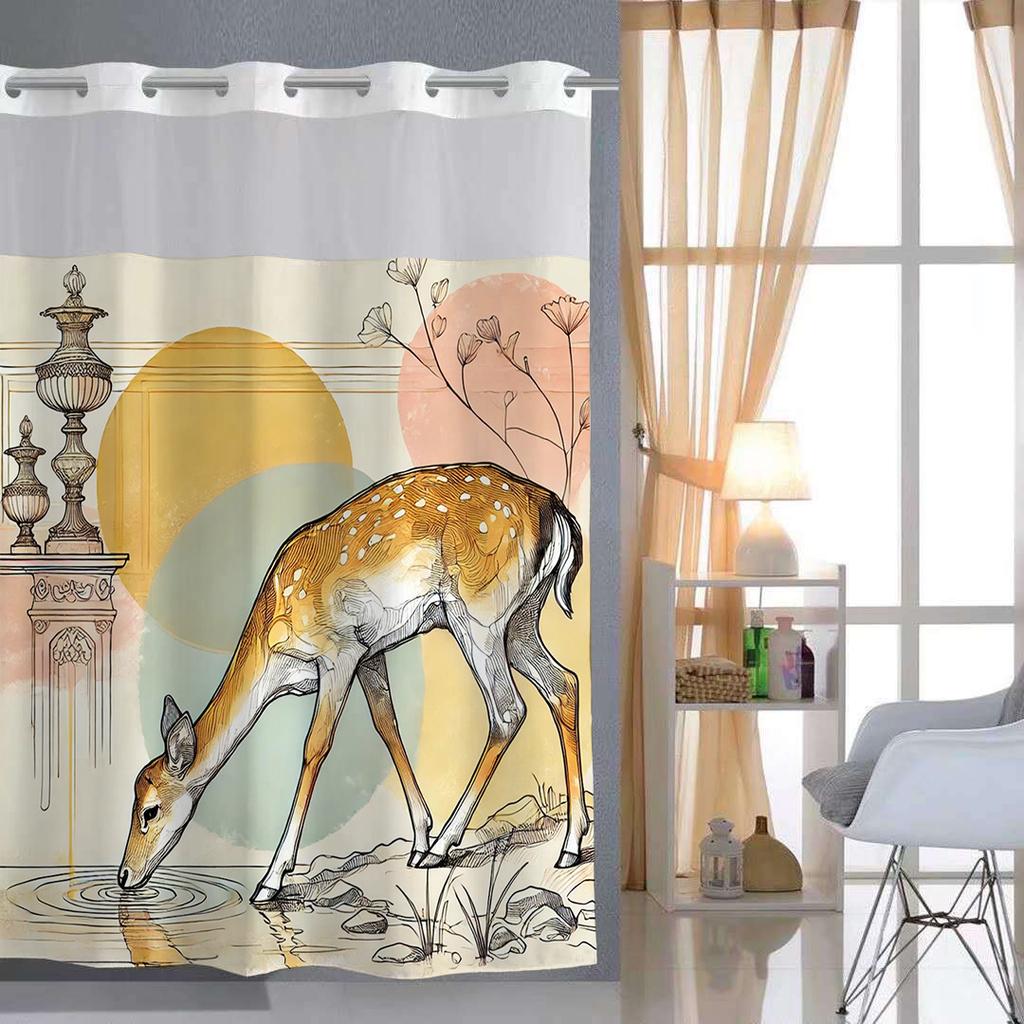 No Hook Sika Deer Pattern Shower Curtain With Snap-in Fabric Liner, Sheer Top Window, Waterproof Double Layer Bathtub Curtain