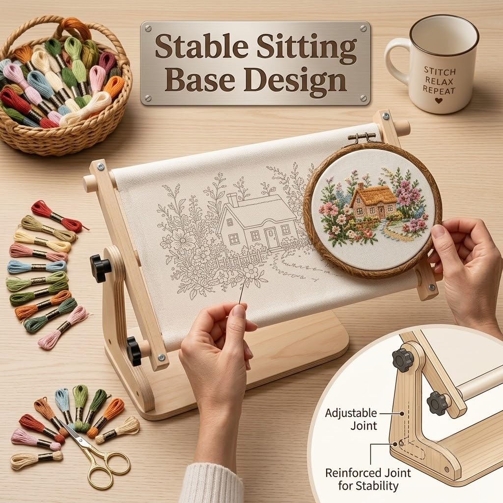 Portable Adjustable Tabletop Embroidery Stand with Split Rail Scroll Frame Hands-Free Ergonomic Cross Stitch Holder Needlework Tapestry Lap Frame