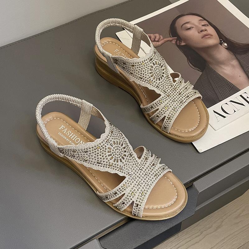 2025 Summer New Korean Version of Rhinestone Side Empty Women's Shoes Elastic Mouth Roman Shoes Lightweight Flat Mother Sandals