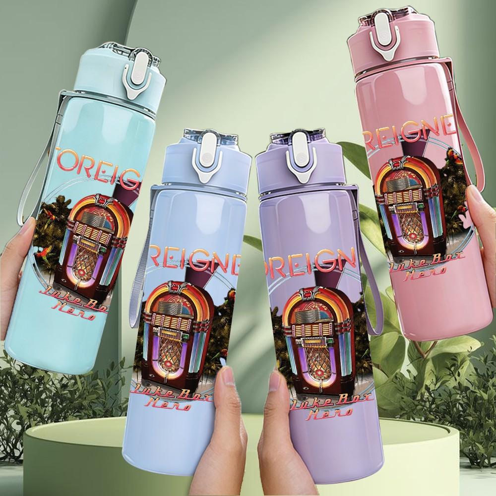 1PC Foreigner vintage building print 750ml colorful plastic sports water bottle leakproof pop up lid with straw for outdoor work home use