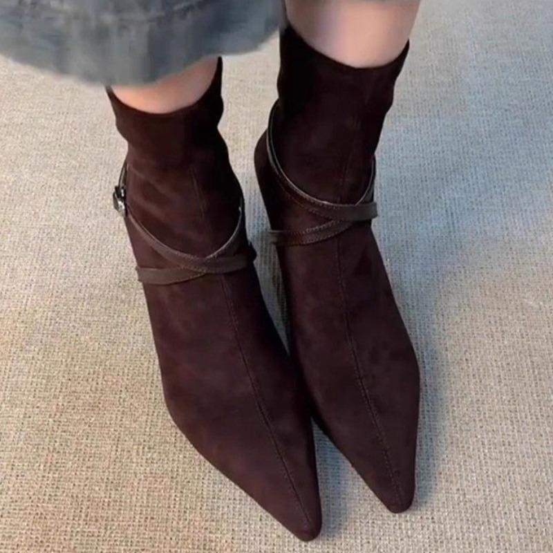 Mode Mittelhohe Absätze Damen Spitzzehen Stiefeletten Mode Wildleder Schnallenschuhe 2025 Neu Elegant Chelsea Kurze Stiefel Winter Pumps Zapatillas