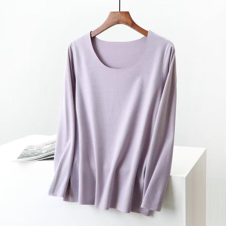 Women's Double-Sided German Velvet Crew Neck Long Sleeve Thermal Top, 2025 Autumn/Winter, Slim Fit, Solid Color