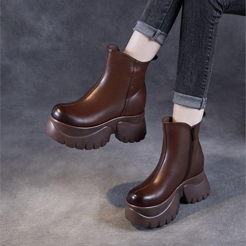 Johnature Round Toe Thick Soled Short Boots Genuine Leather High Heels Vintage Women's Platform Boots
