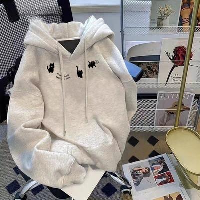 Cute Little Black Cat Printed Hooded Sweatshirt for Men Women Autumn Winter Loose Hoodie Casual Couple Top Vintage Coat