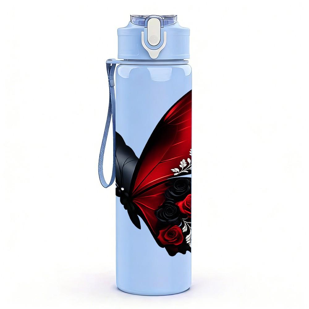 1PC Red Black Butterfly Wing Art Print 750ml Color Plastic Sports Water Bottle Leakproof Flip Straw Lid Suitable for Sports Office Home Use