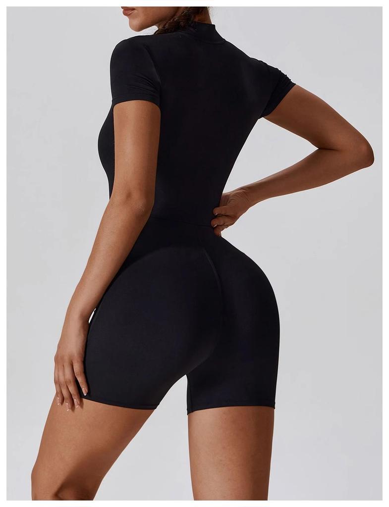 Women's Summer Zipper Short Sleeve Yoga Bodysuit Jumpsuit