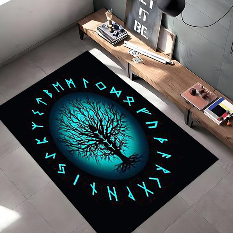 Spiritual Area Rug, Yggdrasil World Tree Viking Runes Circle Blue Poster, Living Room Decor, Non-Slip Mat