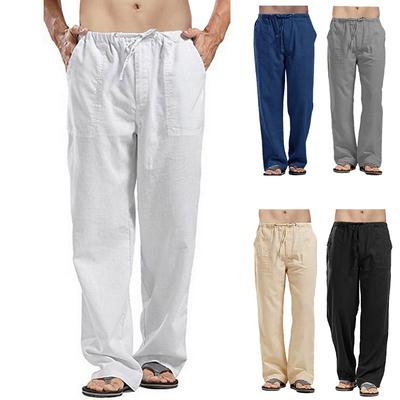 Mens Cotton Linen Long Pants Summer Drawstring Trousers Leisure Resort Trousers Men Thin Oversized Loose Straight Leg Pant