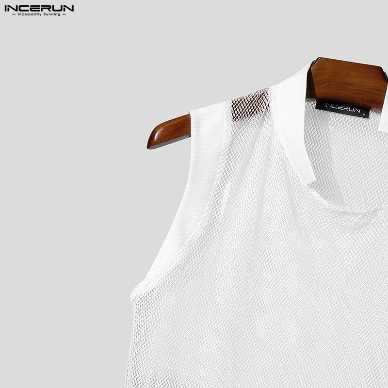 INCERUN Men Cutout Neck Sleeveless Mesh See Through Stitching Tank Tops