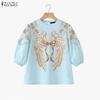 Women Casual Round Neck Loose 3/4 Sleeve Print Blouse