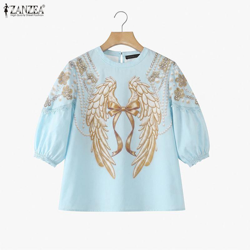 ZANZEA Damen Freizeit Rundhals Locker 3/4 Ärmel Print Bluse
