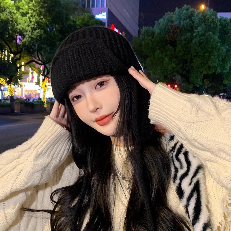 Winter Knitted Trapper Hat for Women Warm Wool Ear Protection Beanie with Earflap Solid Color Crochet Russian Bomber Hats