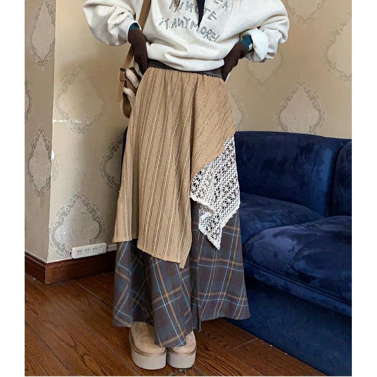 Spring Women New Skirts Plaid Loose Elastic Waist Pleated Elegant Long Skirts