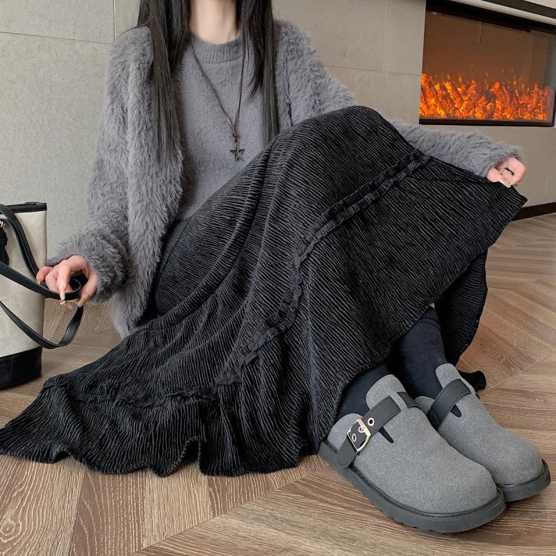 2025 Midirock mit hohem Bund, Plisseefalten und Rüschensaum für Herbst/Winter