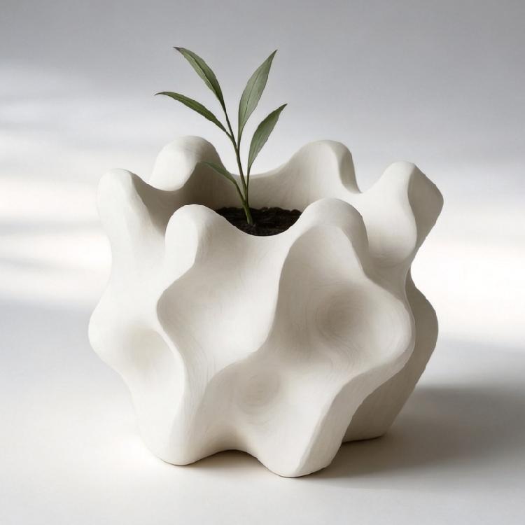 3D Printed Flower Pot Wavy Textured Planter With Nonslip Base For Indoor Greenery And Stylish Interior Decors