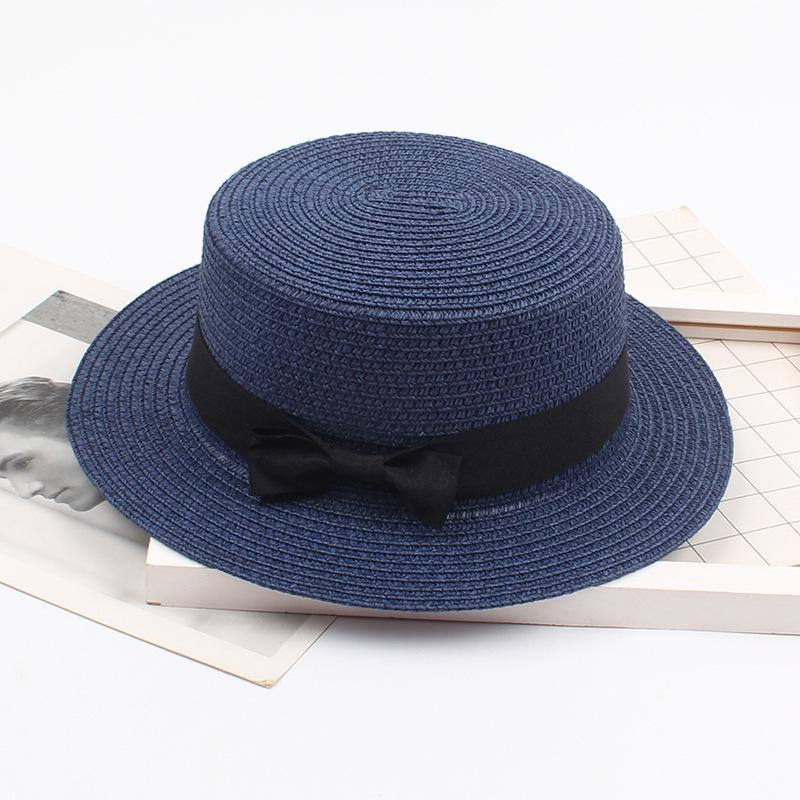 Korean Straw Hat - Retro Bow Flat Top Fedora for Spring & Summer Beach Days