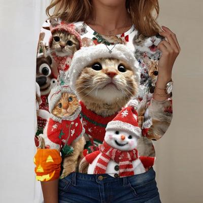 Christmas Limited Edition Women's 3D Christmas Gift Kitten Print Round Neck Long Sleeve Hoodie Fashion Casual Long Sleeve Top