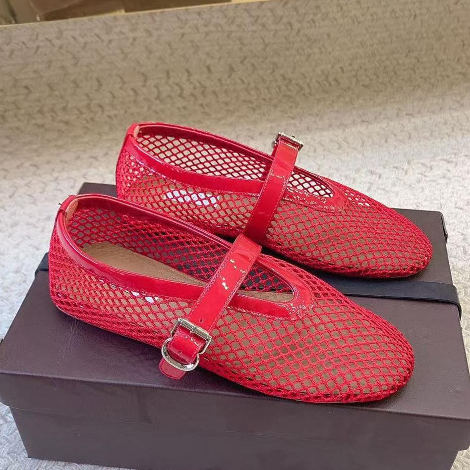 Leisure Fishing Net Flat Ballet Shoes Made Of Genuine Leather With A Straight Cut And Perforated Breathable Mary Jane Single
