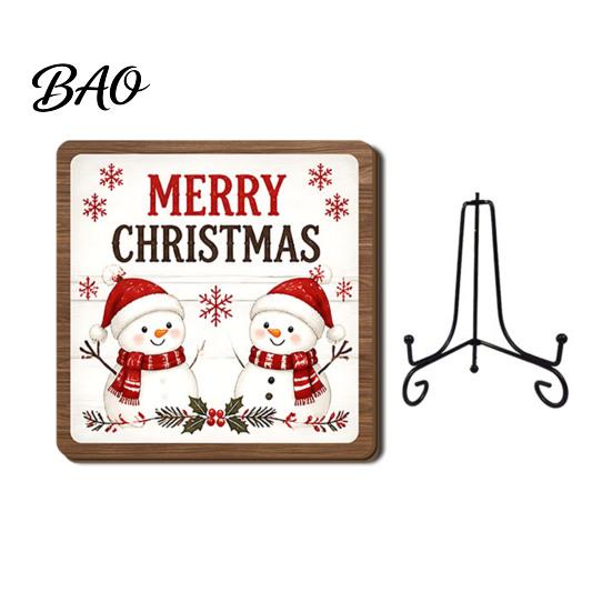 Christmas Hanging Ornament Wooden Tabletop Decor, 2D Pet Santa with Iron Stand, Rustic Xmas Party Holiday Sign for Home And Cafe Festive Shelf, Solid