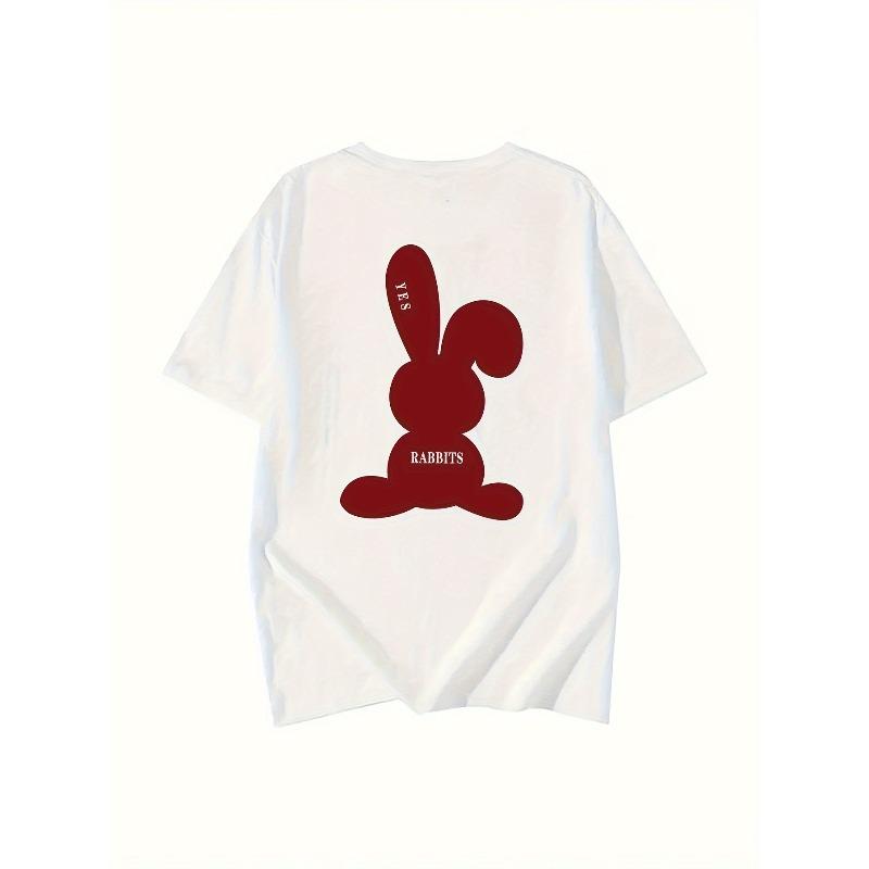 European sizes Red Rabbit Print Round Neck T-Shirt, Casual Short Sleeve Top for Spring And Summer, Women'S Clothing