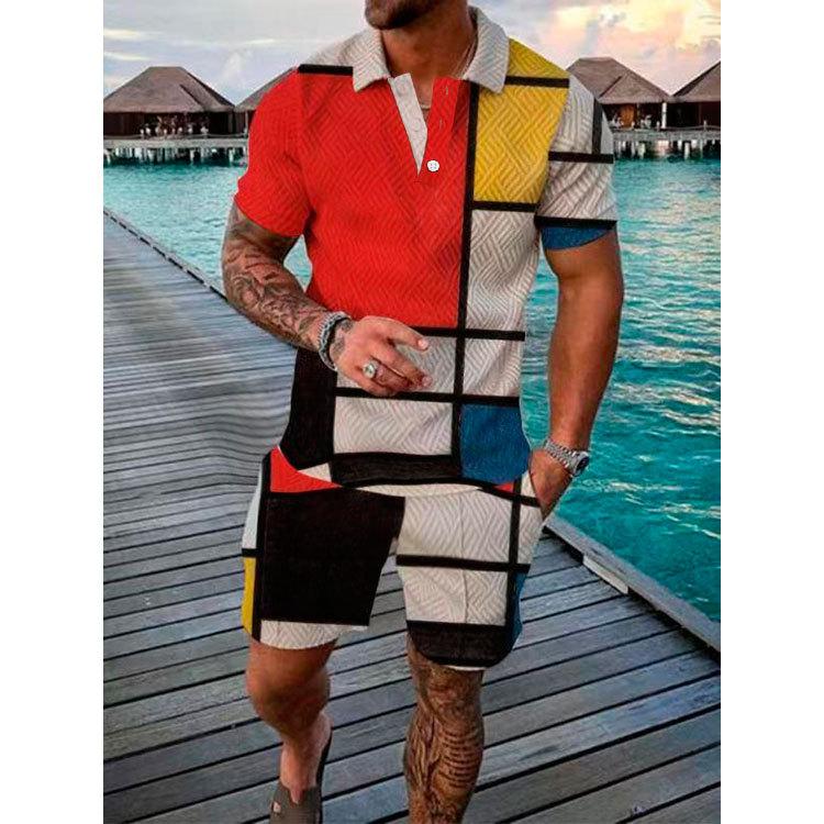 New Men'S Summer Fashion Casual Polo Shirt Collar Casual Set Collar Shorts Set Sports Men'S Solid Color T-Shirt Shorts Running Training Set