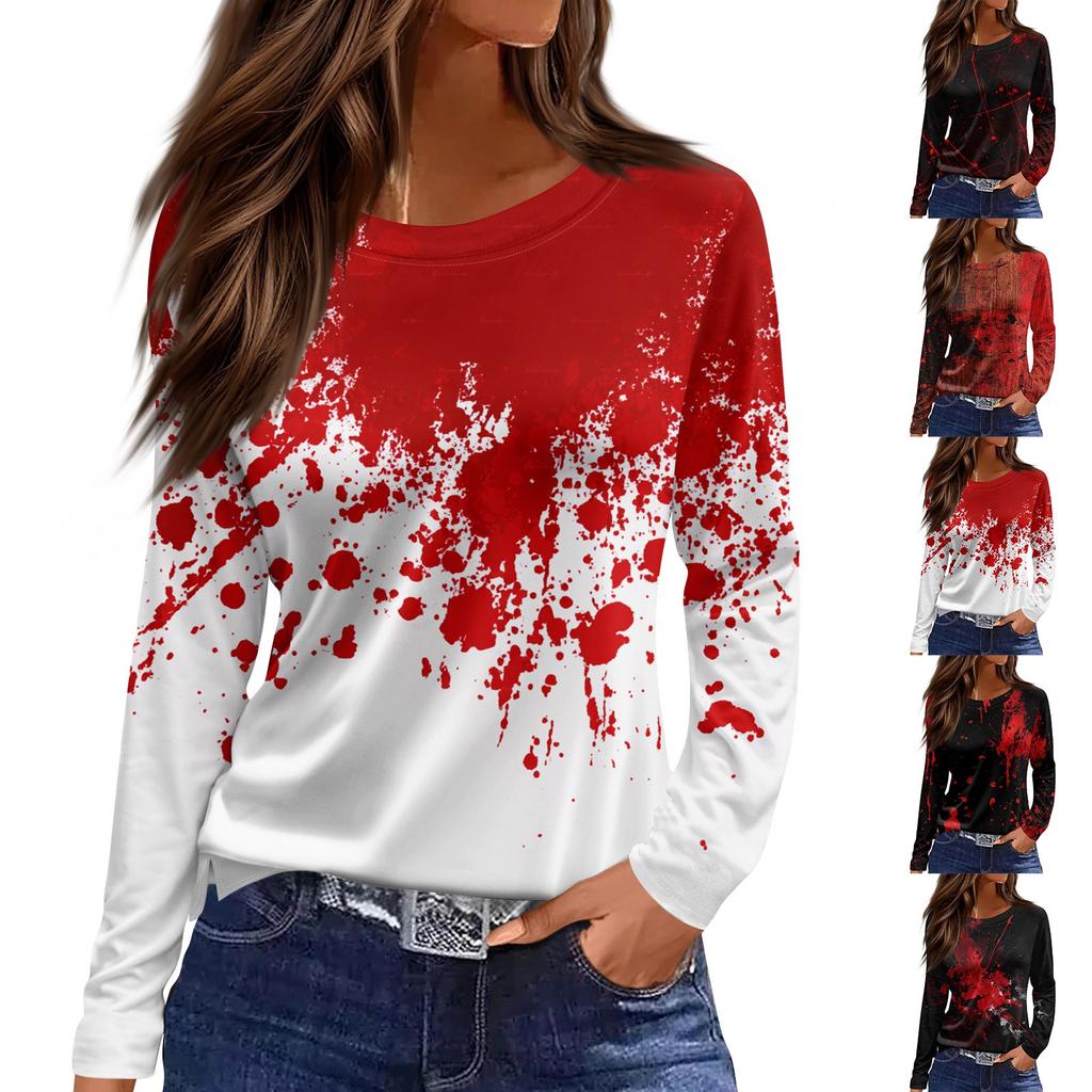 Damenmode Saumschlitz Lässig Halloween-Print Rundhals Langarm Oberteil