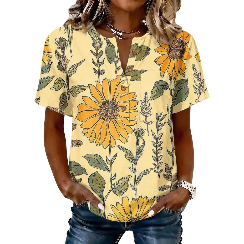 Women’s Short Sleeve Cotton Linen Henley Shirt with Sunflower Print and Button Front Casual Loose Fit Top for Summer Spring