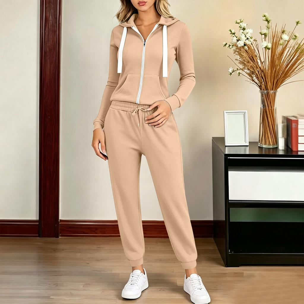 Damski casualowy dres Rozpinana bluza z kapturem na zamek błyskawiczny ze sznurkiem i szerokie spodnie dresowe z otwartym dołem