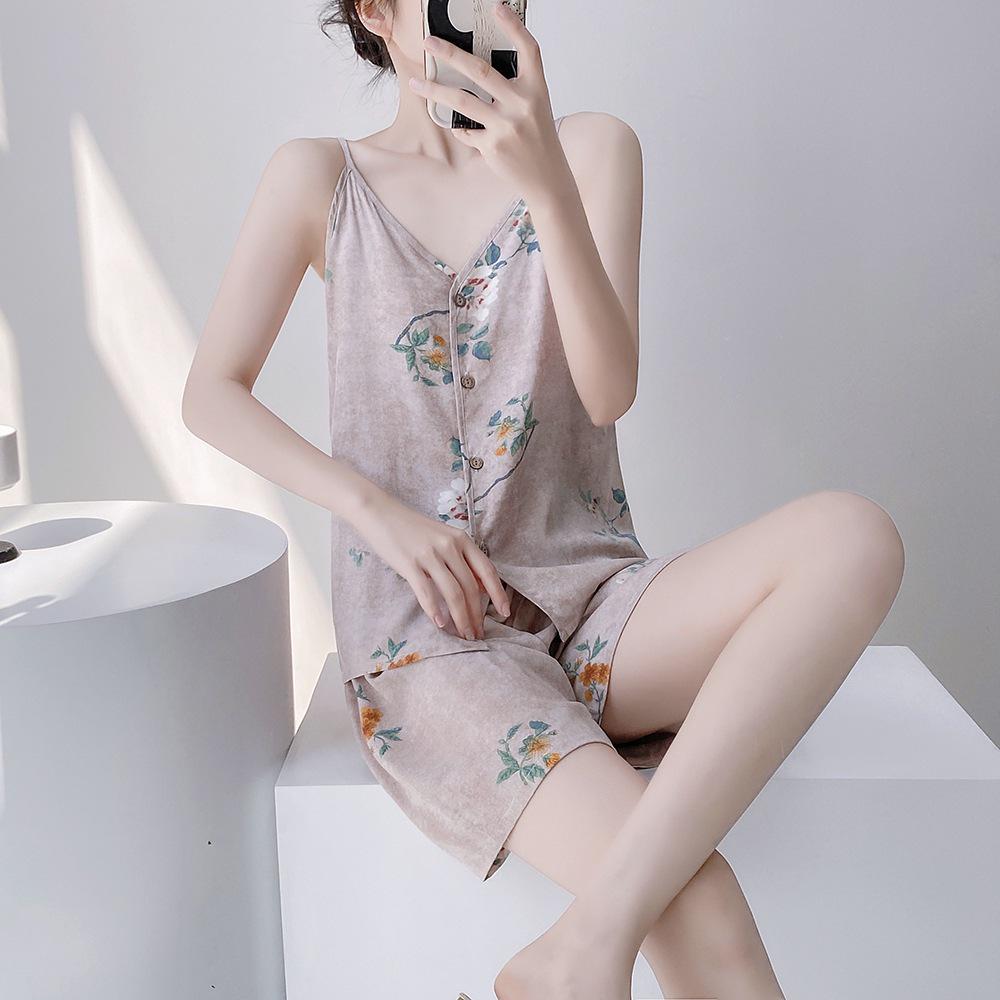 Neo-Chinese Cotton Silk Camisole Pajama Set for Women - Summer 2025 Beach Style
