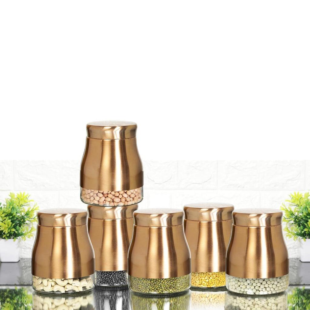 880 ML Airtight Rose Gold Finish - Bell Bottom Glass Jars Set of 6 Containers for Pulses, Dry Fruits, Snacks, Tea, Coffee, Kitchen Pantry Storage