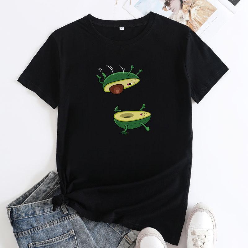 Seasonal Round Neck Avocado Pattern Printed Top Fashionable Casual Short Sleeved Women's Pure Cotton T-shirts
