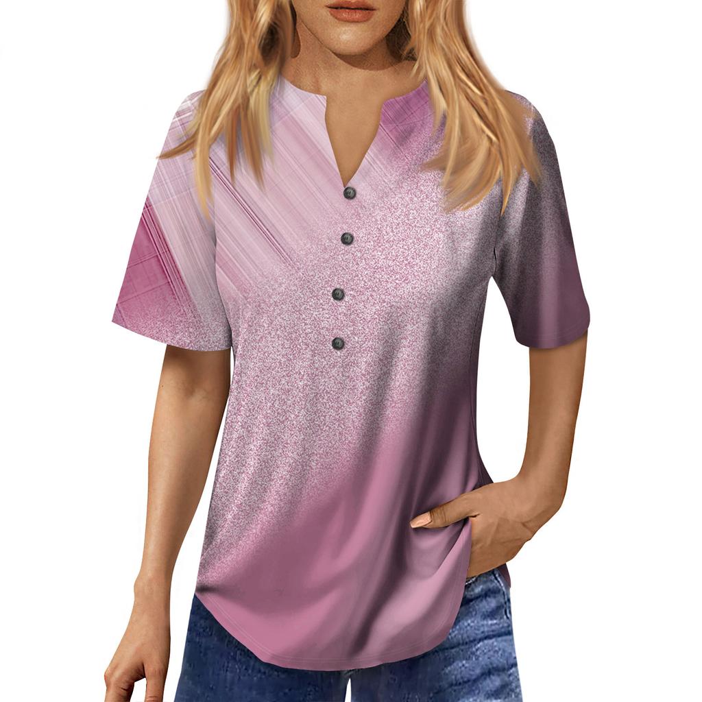 Fashionable Women's Loose Summer V-Neck Button-Down Short Sleeve Casual Dressy Top