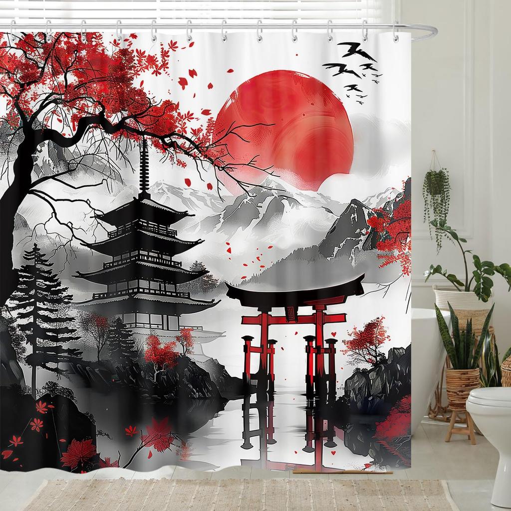 Japanese Anime Shower Curtain,Cool Watercolor Japan Cherry Blossom Floral Mountain Asian Oriental Abstract Art Shower Curtain