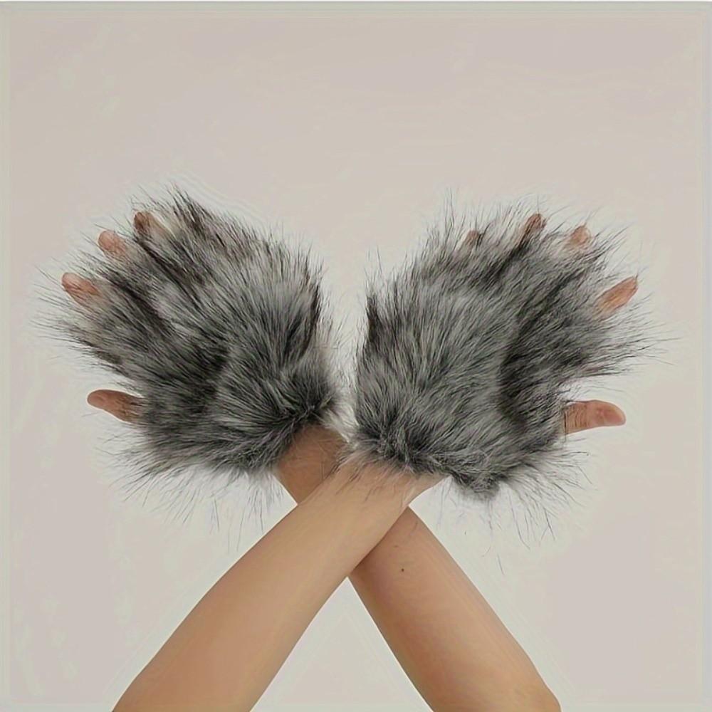 Fluffy Texture Werewolf Paw Mitten Hairy Wolf Hat with Ears Wolf Paw Cosplay Set Carnival Party