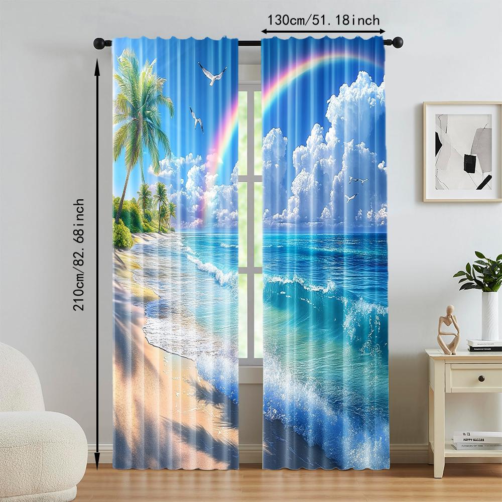 2 pcs   versatile polyester transparent curtains for home decoration Tropical Beach Palm Tree for use in bedrooms and living