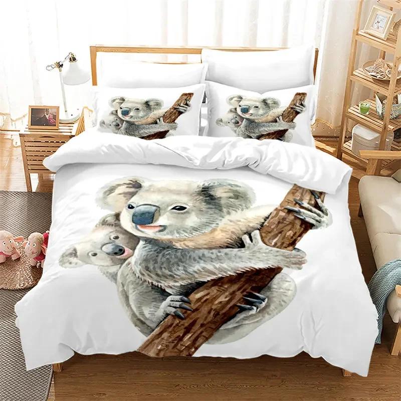Cartoon Koala Cute Animal Leaves Flowers Comfortable Duvet Quilt Cover Pillowcase Bedding Set Bedroom Decoration Home Textile