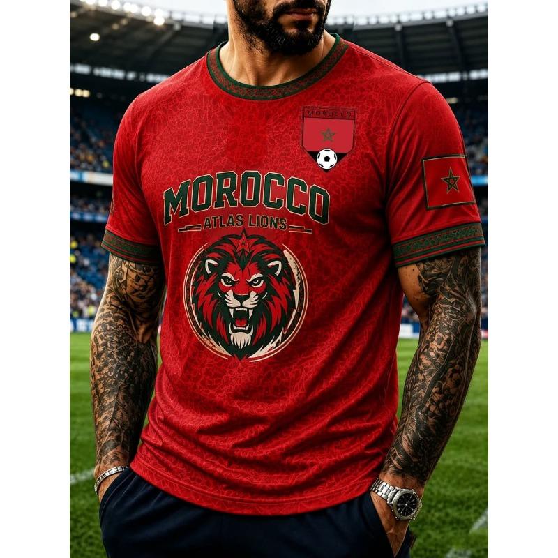 2026 Morocco Football Fans T Shirt  Red  Letter Print Short Sleeve Tee Team Soccer Supporter Casual  Sports Jersey Top