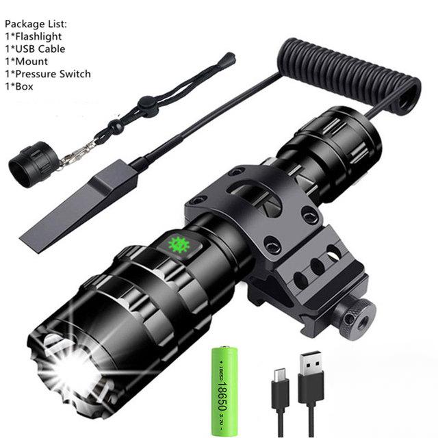 LED Tactical Hunting Flashlight USB Rechargeable Waterproof Torch Lamp