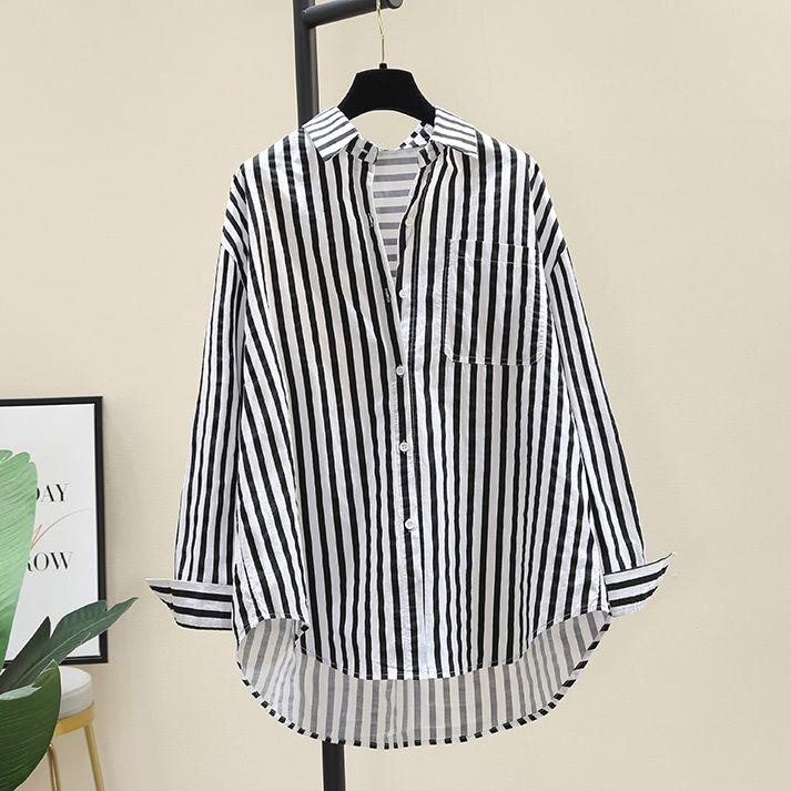 Pure Cotton Printed Striped Shirt Women's Spring Fashion Loose All-match Long-sleeved Cardigan Shirt Women's Inner Wear