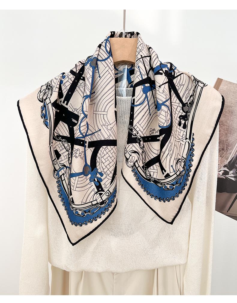 Wool mulberry silk large square scarf women's chain printed silk scarf spring and summer old money wind high-end neck protection scarf