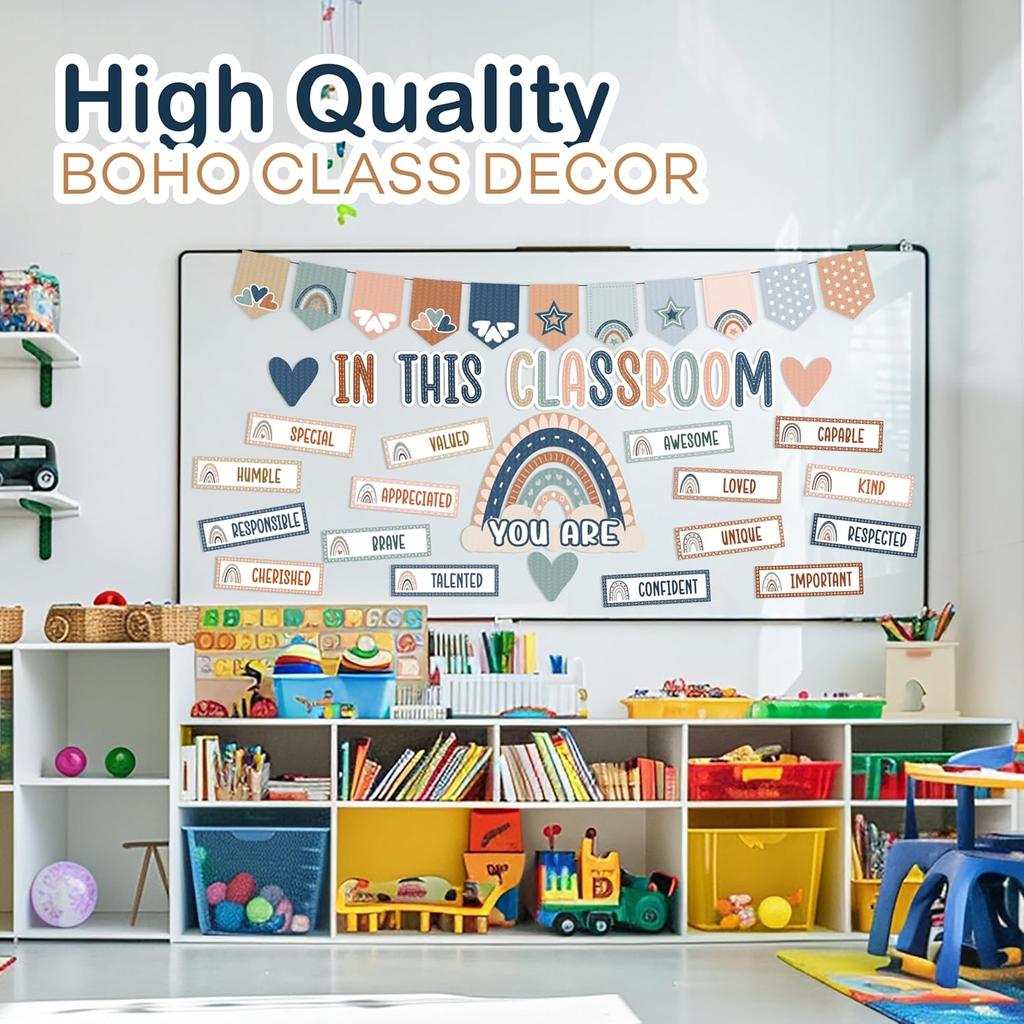 4E's Novelty 36 Pcs “in This Classroom You Are” Boho Classroom Bulletin Board Sets, Boho Motivational Bulletin Board Decorations with Rainbow, &