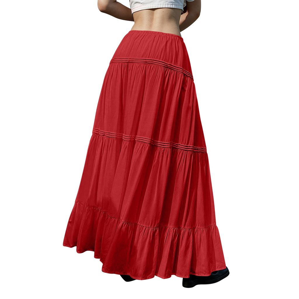 Women's Flowy Flared Ruffle Hem A Line Maxi Skirts Elastic Waist Elegant Tiered Layer Boho Long Skirts