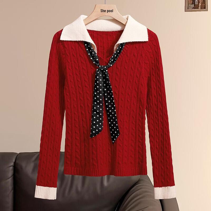Women's Color Block Turn-down Collar Twist Knit Sweater