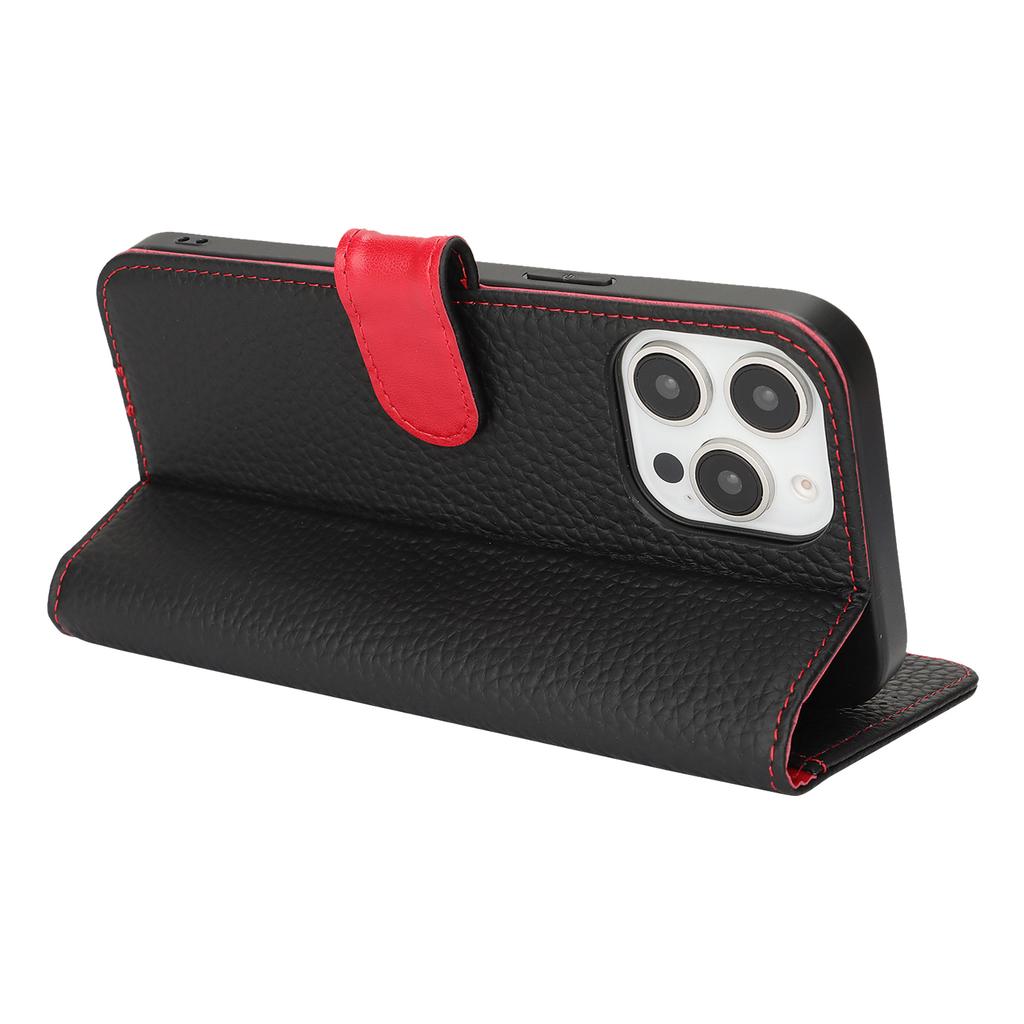 For iPhone 15 Pro Stand Case Litchi Texture Genuine Cow Leather Wallet Phone Cover RFID Blocking
