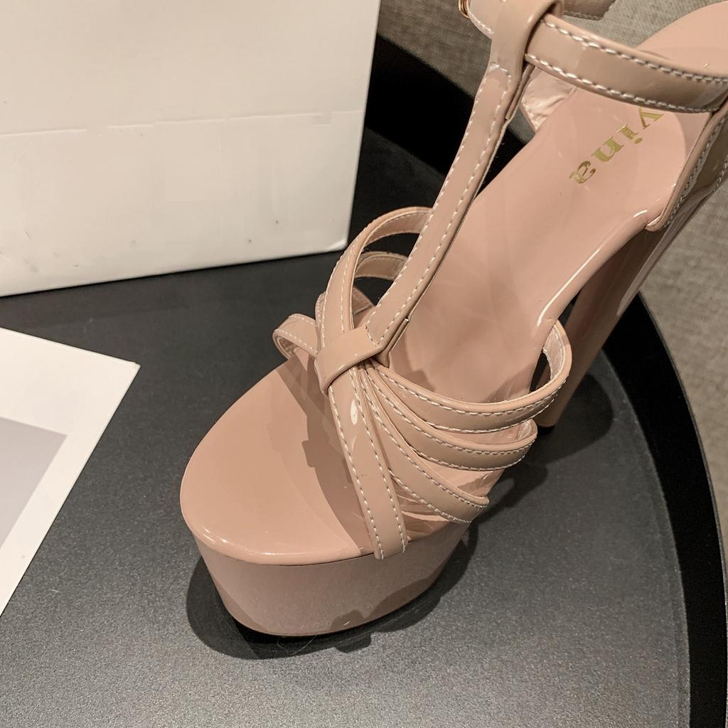 Summer Women's Sandals Sexy Waterproof Platform T-strap Combination Patent Leather High-heeled Sandals Nightclub Shoes