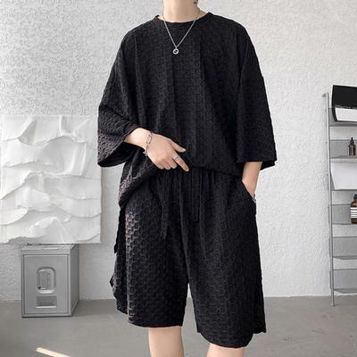 2Pcs/Set Men Casual Outfit O-neck Short Sleeve T-shirt Elastic Waist Pockets Design Wide Leg Shorts Set Solid Color Two-Piece Suit