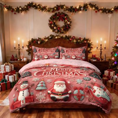 3pcs Imitation Relief Santa Claus Print Coreless Duvet Cover Set Multi Size Bedroom Holiday Bedding Decoration Machine Washable