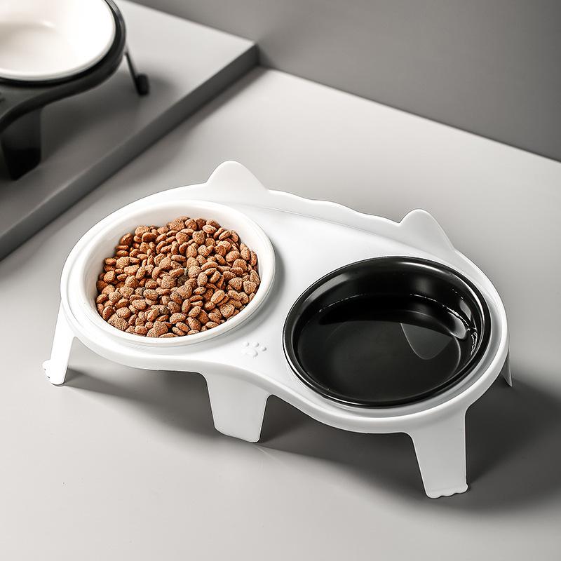 Kitten Double Ceramic Feeder Bowl Pet Water and Food Bowl Dish with Wood Stand No Spill Pet Ceramic Double Bowl for Dog Cat