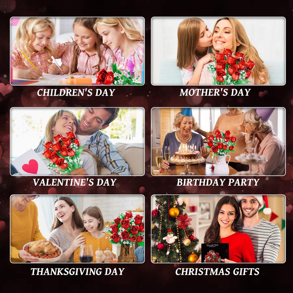 Kit de construction Bouquet de Roses Ensemble de Décoration de Fleurs Artificielles 458 Pièces Rose Rouge Romantique Cadeau Pour la Fête des Mères la Saint-Valentin